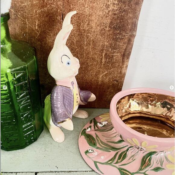 Vintage Easter Bunny Rabbit Statue Figurine Floral Egg Ceramic Atlantic Mold 2pc - Picture 6 of 10